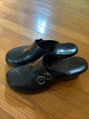 Clarks Black Leather Slip-On Clogs with Buckle Detail - Women